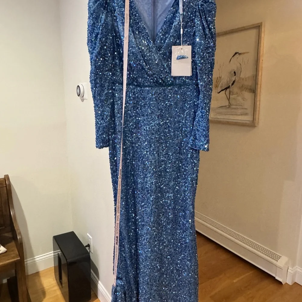Mac Duggal Sparkling Blue Puff Sleeve Gown - Picture 3 of 7
